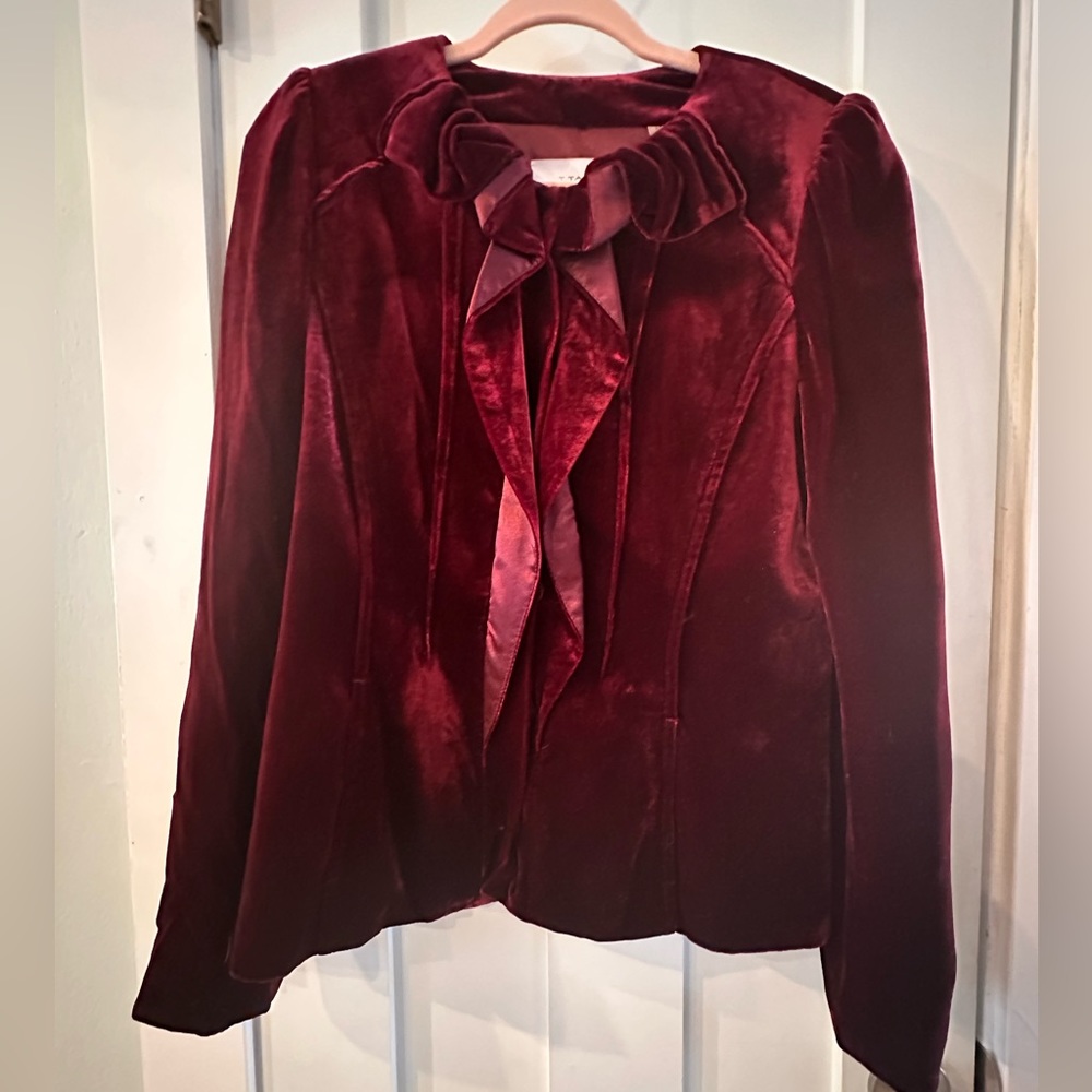 T Tahari Deep Red Velvet Blazer with Bow Accent